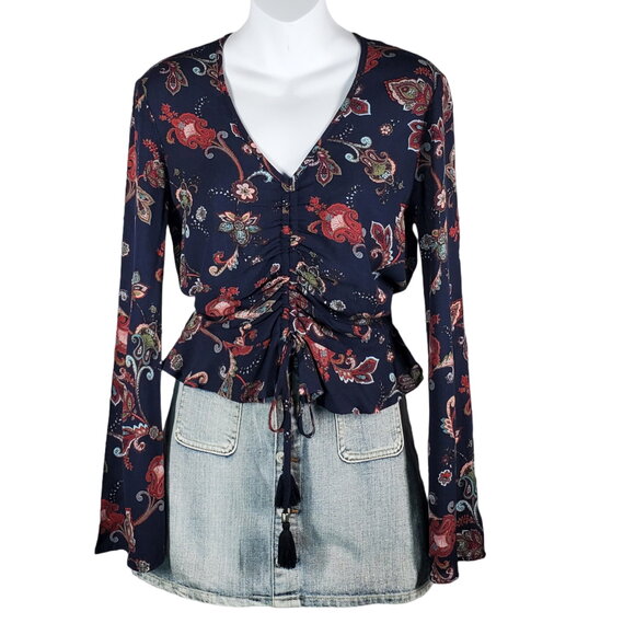 Gypsies & Moondust Blue / Pink Ruched-Front Floral Top Blouse XS - Picture 2 of 5